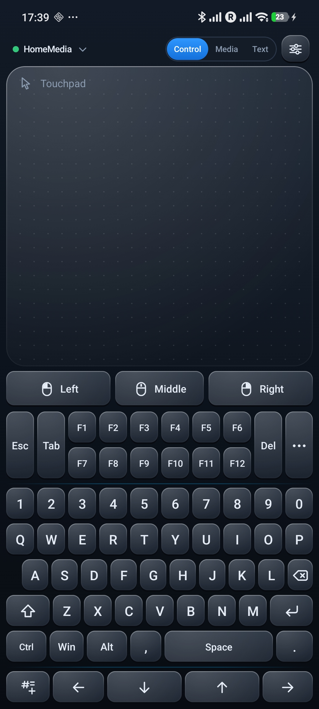PocketHID Control screen with touchpad and full keyboard